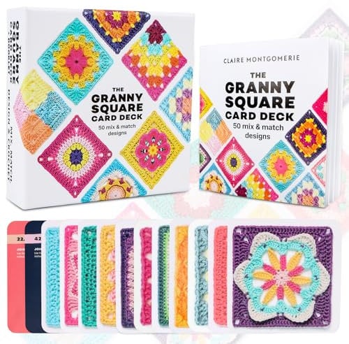 AKONE Granny Square Häkel-Karten, Häkeln Buch mit Mixen&Matchen 50 Stück Designs, Granny Square Card Deck Häkel Karten Mit Schrift und Foto zu Jedem Granny-Square und praktischem So-geht's-Booklet
