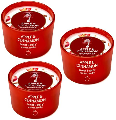 3 X Pan Aroma Red Decorative Holder & Scented Candle, Apple & Cinnamon, 85G