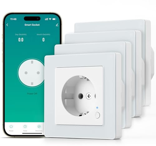SMARTERCURRY Smart WLAN Schuko Steckdose 13A 4 Stücke Stromzähler 80 * 80mm | Smart Home Rolladensteuerung,Energieeinsparung,Kindersicherung,Zeitschaltuhr,Sprachsteuerung,Kompatible mit Alexa & Google