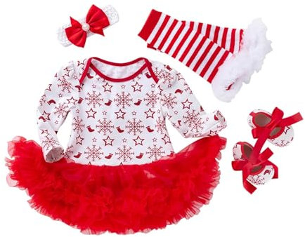 Generisch Harnic Cadenas Bebé Niña Traje de Navidad Recién Nacido 1 Disfraz de Navidad Tutú Pelele Vestido Diadema Zapatos Calcetines 4 Piezas Cosas Geniales para Niñas, rojo, 6-12 meses