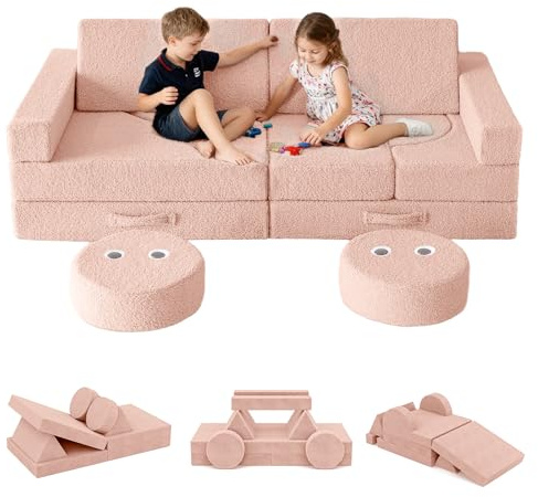 Suhu Spielsofa für Kinder Kindercouch Abnehmbar Ausklappbares Modulares Kindersofa Bausteine für Spielzimmer Schaumstoff Schlafzimmer Möbel DIY Rosa