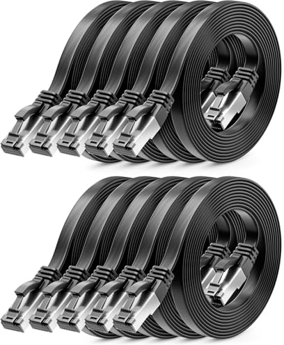deleyCON 1m CAT 8 Flach Netzwerkkabel RJ45 40 Gbit/s, 10 Stück - Schwarz | Gigabit Ethernet LAN Cable, Kupfer, dünnes Flachkabel Patchkabel lang, RJ45 Stecker für CAT8 CAT7 CAT6