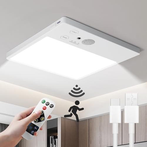 Tnight Rechargeable LED Ceiling Light, 7000mAh Motion Sensor Lights Indoor | Remote, battery operated, 500LM, 3 color dimmable, magnetic mount, for Shed, bathroom, shed, loft, garage, porch, hallway
