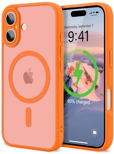 LAPOPNUT Magnetic Case for iPhone 16, Camera Protection, Orange | Compatible with MagSafe, Translucent Matte, Hard Back Cover, Soft TPU Bumper, Slim Shockproof Phone Case,Military Grade