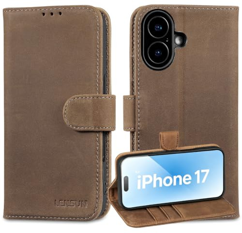 LENSUN Handyhülle für iPhone 17, Echtleder Handytasche, Vintage Dunkelbraun | Stoßfeste Lederhülle, Bookstyle Wallet Case, RFID-Fach, Echtes Leder Schutzhülle, Integriertes Kartenfach, Magnetisch