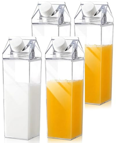 TINGJUNN 4 bottiglie quadrate trasparenti per latte, bottiglie d'acqua in plastica trasparente da 500 ml, bottiglie d'acqua in cartone per latte a prova di perdite, progettate per sport all'aria