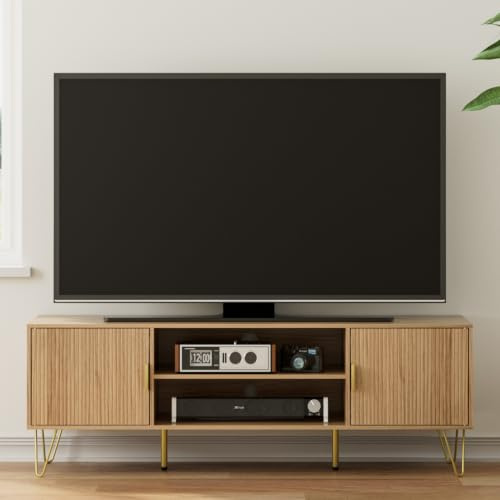 HEYZOEY Oak Fluted TV Stand, 2 Cabinets, Gold Legs, for TVs up to 65 in | Fluted doors with 2 cabinets and open media shelves – gold metal legs add a modern glam look for stylish living rooms