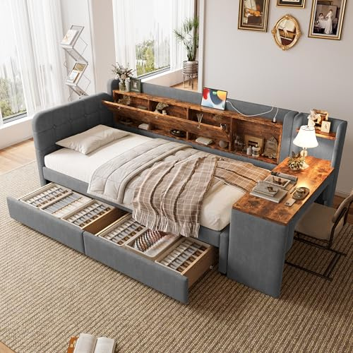 Zravenna Schlafsofa Polsterbett 90x200 mit Multifunktionales Stauraum, 2 Schubladen, Schreibtisch und Flip Top Aufbewahrungsfach, Einzelbett Daybed mit Lattenrost, Leinen (A-Grau, 90cm*200cm)