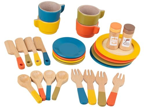 ICDKOYK Service de Vaisselle factice en Bois de 16 pièces pour Jouets Cuisine, idéal pour enrichir l'expérience Jeu des Jeunes Enfants. Service Vaisselle en Bois pour Petites Filles et