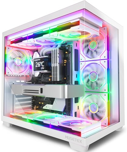 MUSETEX Y6 Caja PC, con 7 Ventiladores PWM ARGB de Espejo Infinito Preinstalados, Caja de Computadora ATX de Torre Mediana, Caja PC Gaming con Tipo-C, Cristal Templado de Vista Completa de 270°,Blanco