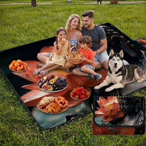 Picknickdecke Groß 200x200 cm, Outdoor Picnic Blanket Wasserdicht & Sandfest Stranddecke Lotus, Campingdecke mit Verstärkter PVC-Rückseite, XXL Strandmatte Faltbar für Park,Strand,Garten-Zen UZ-626