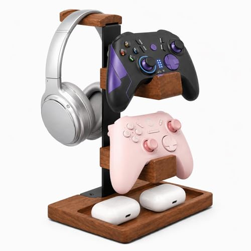 Cyiecweu 3 in 1 Kopfhörerhalter und Controller Halterung Holz, Zweigeschossig Kopfhörer Ständer mit Sockel, Tisch Headset Halterung Halter für universelle Gaming Controller Kopfhörer, Baum Braun