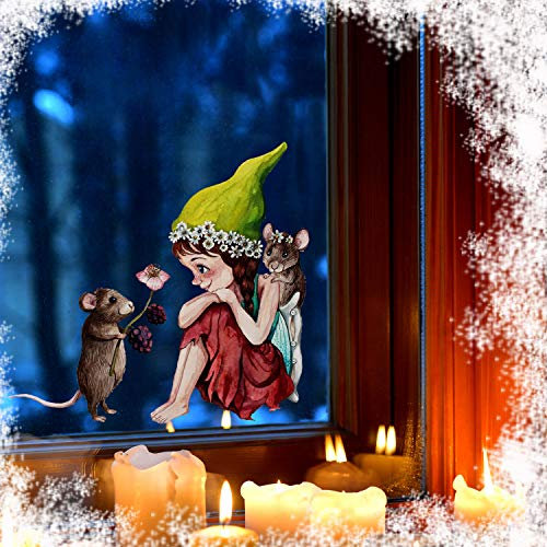 ilka parey wandtattoo-welt Fensterbild Elfe Fee & Maus Mäuschen -WIEDERVERWENDBAR- Fensterdeko Fensterbilder Winterdeko bf1