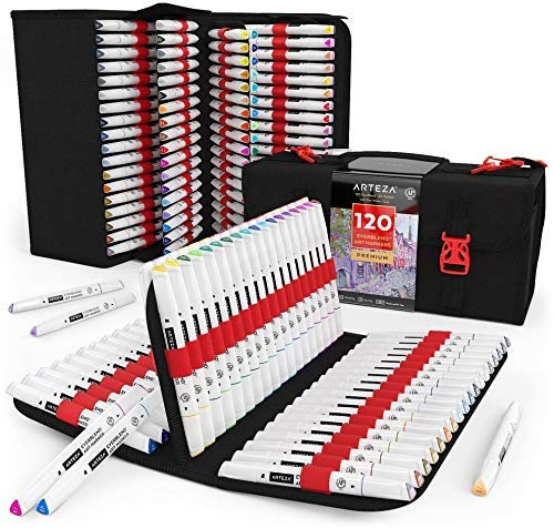 ARTEZA EverBlend Graffiti Marker, 120 bunte Marker mit Doppelspitze und 1 Blender Marker, feine Spitze und Keilspitze, alkoholbasierte Twinmarker, Marker Set in praktischer Tragetasche