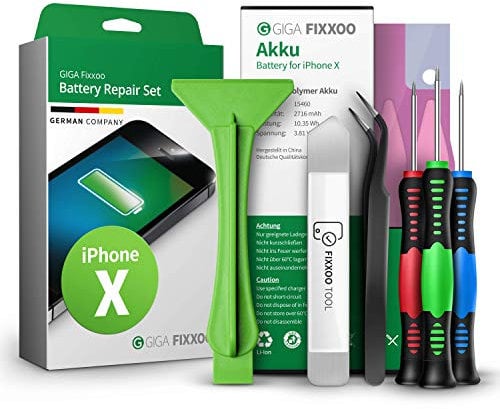 Giga Fixxoo Kit Batteria Ricambio- Compatibile con iPhone X - Set Riparazione Cellulari con Batteria Originale agli Ioni di Litio, Strumenti, Cacciavite, Adesivi, Guida alle Istruzioni, Ventosa