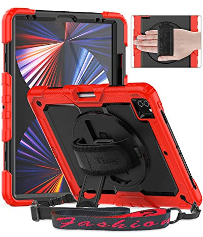 Timecity Hülle für iPad Pro Pro 6./5./4./3. Generation 12,9 Zoll 2022/2021/2020/2018 Stoßfeste Schutzhülle mit Displayschutz Handschlaufe Schultergurt 360°-Drehbarer-Ständer Stifthalter - Rot