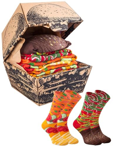 Rainbow Socks - Vege Burger Box Socks - Damen Herren Lustige Vegan Burger Gemüseburger Socken Box - Novelty Geshenk Socken für Fans vegetarischer und veganer Ernährung - 2 Paar - Größen EU 47-50