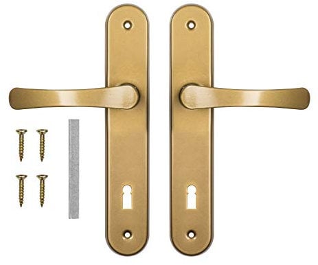 ADGO Maniglia per Porta Set di Maniglie per Porta con Serratura 90 mm Pan di Spagna, Maniglia in Alluminio, Rosetta in Acciaio Zincato a Polvere, Sinistra e Destra, Set di Viti di Montaggio, Oro