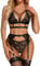 RSLOVE Sexy Lingerie for Women Floral Lace Bra and Panty Set 3 Pieces with Garter Belt Black Large