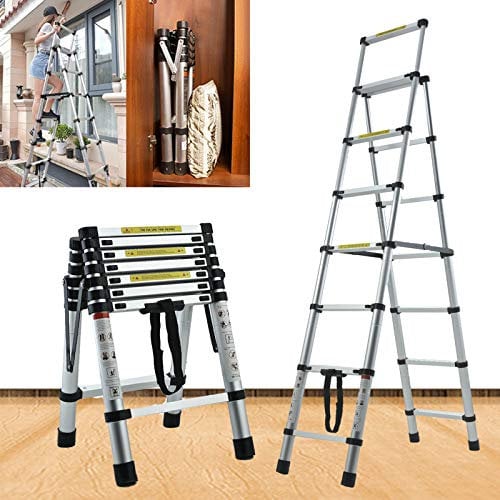 6.3FT A-Frame Aluminum Telescoping Ladder 6+7 Step Ladder Portable Multi-Purpose Folding Ladder Heavy Duty Collapsible Ladder Handrails Safety Lock Lightweight 330lb Max Load EN131 Safe Standard