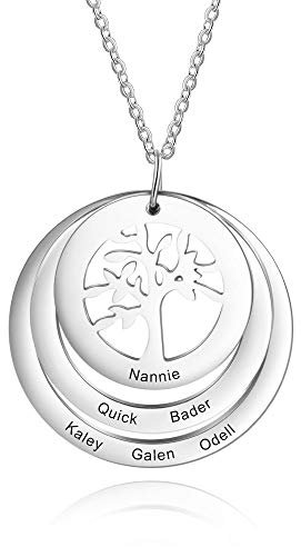 jewel Collier Personnalisé Arbre de Vie Pendentifs avec 1-6 Nom Gravure Collier Femmes Mère Fille Famille Cadeau pour l'anniversaire de la Fête Des Mères (Argent 1)