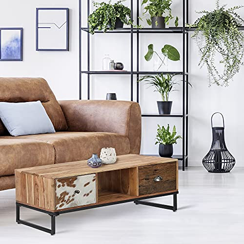 WOMO-DESIGN TV Lowboard Taipei mit 2 Schubladen 110x50 cm, Unikat, handgefertigt aus Massivholz Akazien- und Schwellenholz, Metallbeine, Leder, Industrie Design, Wohnzimmer Konsolentisch Beistelltisch