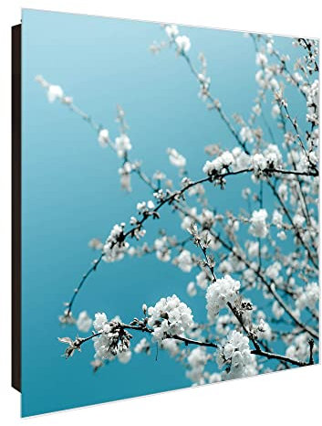 banjado® Großer Schlüsselkasten Glas/Schlüsselbox 30cm x 30cm mit 50 Haken - Motiv weiße Kirschblüten/Schlüsselkasten modern für Schlüsselaufbewahrung mit beschreibbarer, magnetischer Glastür