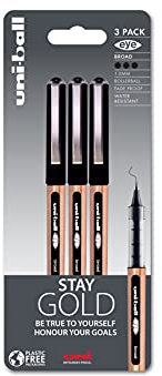 Uni-Ball UB-150-10 Eye On Point Stay Gold Broad Ballpoint Black Pens. Premium 1.0mm Rollerball Tip for Super Smooth Handwriting. Fade and Water Resistant Liquid Uni Super Ink. Pack of 3