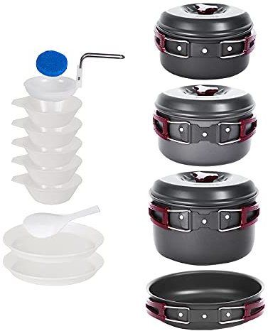 KingCamp 17 Pcs Camping Cookware Cooking Set Hard-Anodized Aluminum Camping Pots and Pans Set with Tableware Foldable Camping Mess Kit for 5-6 Persons Outdoor Backpacking Hiking and Picnic