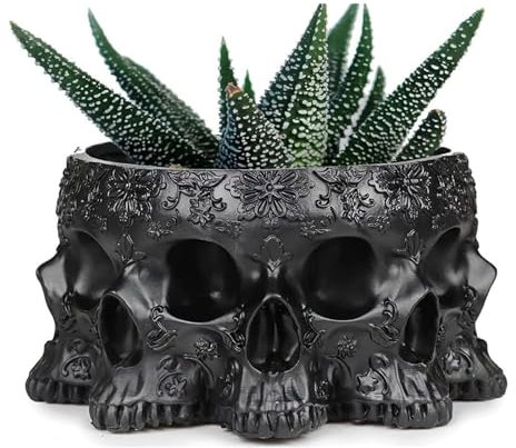 Halloween Skull Planter & Trick or Treat Candy Bowl 4 Skulls Skeleton Head Pot for Succulents, Flowers, or Sweets – Creepy Gothic Décor for Garden, Home, Parties, Haunted House - or Spooky Display