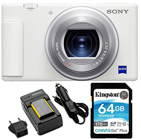Sony ZV-1 Camera for Content Creators and Vloggers (White) Bundle with NP-BX1 Battery with Charger and 64GB Canvas Go Plus 170MB/s SD Card (3 Items)