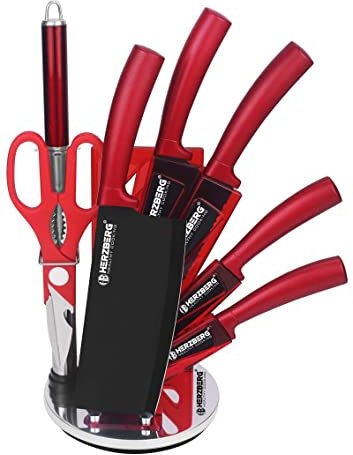 Herzberg Set Couteau Cuisine Professionnel - Couteaux Tranchant en Acier Inoxydable - Support en Acrylique - Poignée ergonomique - Set de couteaux avec support 8 pièces - Rouge HGMSN8-RD