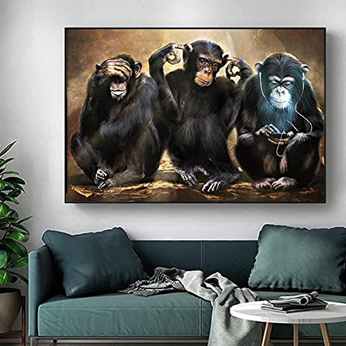 OUSHION ART Drei lustige Orang-Utans auf Leinwand, Tier, Affe, Poster und Druck, abstrakte Wandkunst, Bild für Wohnzimmer, Heimdekoration, 70 x 105 cm, rahmenlos