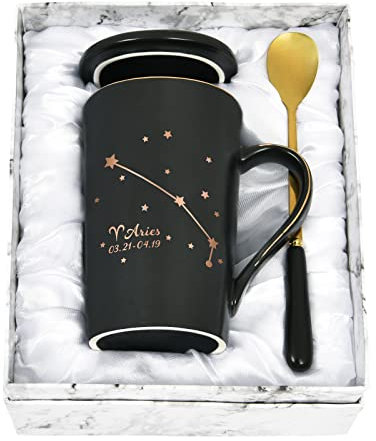 YHRJWN,Widder-Geschenke für Frauen, Widder-Sternzeichen-Kaffeetasse, Widder-Geschenke für Mädchen, Geburtstagsgeschenke für 12 Horoskop-Astrologie-Liebhaber, 400 ml schwarze Tasse mit Geschenkbox