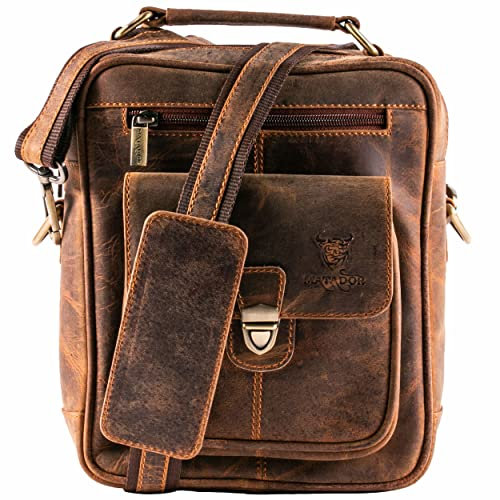 MATADOR Echt Leder Herren Umhängetasche Damen Schultertasche Ledertasche Hochwertige Henkeltasche Arbeittasche Hunter Braun