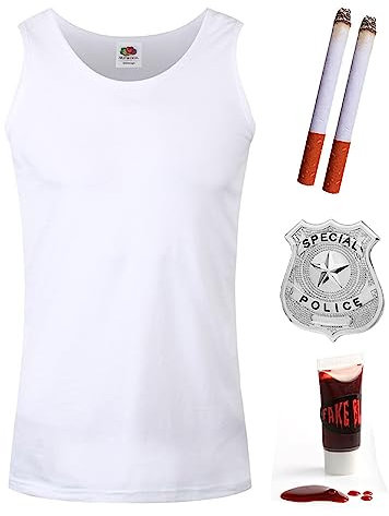 Adults Action Hero Costume - X-Large - White Vest, Police Badge, Fake Cigarettes and Fake Blood - Adults 80s 90s TV Film Fancy Dress Costume