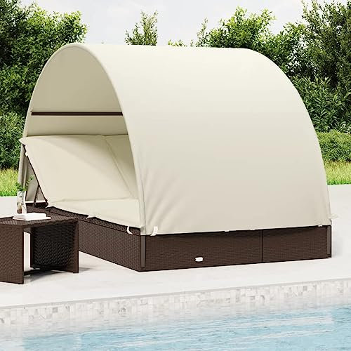 WRJENFSC 2-Personen-Sonnenliege Layout Stuhl Strand-Loungesessel Pool-Stühle Liegestühle für draußen mit Dach Braun 211x112x140 Poly Rattan Geeignet für Veranda, Rasen, Deck, Hinterhof, Pool, Balkon