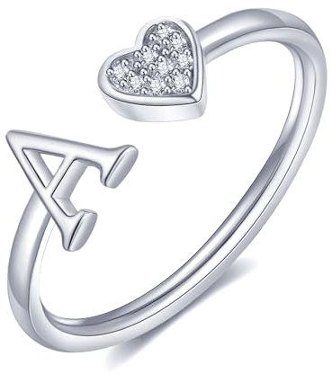 FUNEIA Herz Ring mit Buchstaben Damen Frauen Gold Silber Rosegold Verstellbarer Initiale A-Z Zirkonia Fingerring Stapelring Wasserfest Buchstabering Schmuck Mädchen Geschenkbox