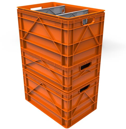 SIDIO Crate Basic Pack - 2 Full-Size & 1 Half-Size Heavy Duty Stackable Storage Bins, Totes and Containers with Dividers - Durable Plastic Organizer for Home, Office, Garage, and Outdoor Use, Orange