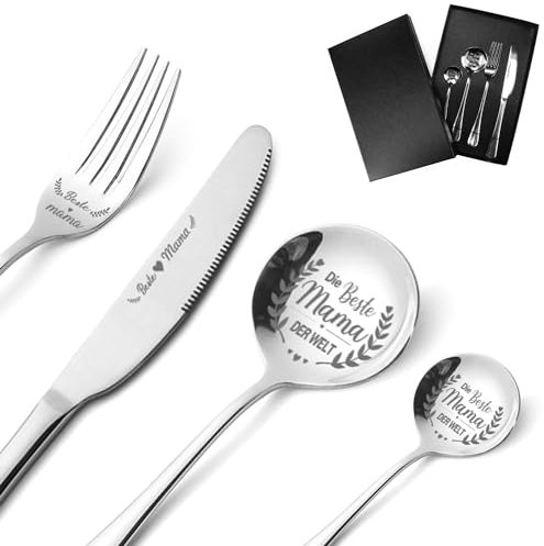 Muttertagsgeschenk, Geschenke für Mama, 4 Teilig Edelstahl Besteckset mit Gravur - Beste Mama Der Welt, Weihnachtsgeschenke