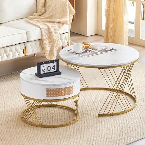 ModernLuxe 2-in-1 Coffee Table, Round Nest of Tables, Multi-functional Side Table with Rattan Drawers Gold Metal Frame Legs and Marble Pattern White Top, Nesting Tables for Living Room Bedroom, White