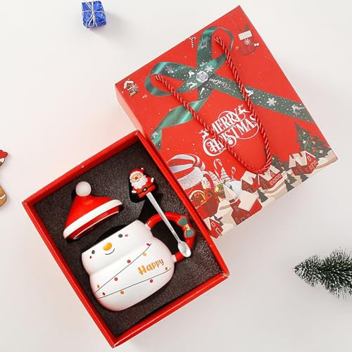 Tasse Weihnachten Kaffeebecher Keramik Weihnachtsbecher Kaffeetasse mit Deckel Löffel 480ml Schneemann Weihnachtsmann Kaffeebecher für Kaffee Tee Milch Weihnachten Geschenk (Schneemann)