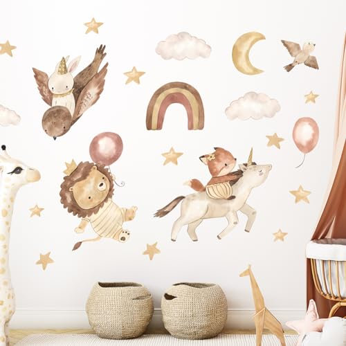 Wally Fox Adesivi murali per bambini - Adesivi decorativi - Atossici, sicuri, di alta qualità - Set - Animali Boho, Arcobaleno, Leone, Unicorno - Marrone, crema, giallo - 52,5 x 131 cm