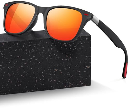Sunglasses Mens Unisex Polarized Womens UV400 Protective Rectangular Sunglasses Black Anti-Glare Lenses Classic Ultra Light Square Driving Hiking Golf Fishing Sports Shades Red