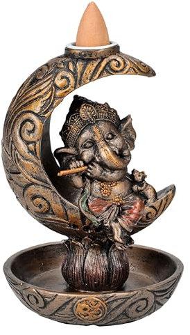 Pacific Giftware Musizierender Ganesha im Mond - Dekorativer Rückfluss-Räucherhalter mit Lotus, 12,5cm, Backflow Wasserfall Figur, 15400