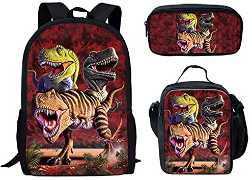 fifbird Kinder-Rucksack, Motiv: Wasserfeuer, Fußball, Schultasche + isolierte Lunchbox + Federmäppchen, 3er-Set, Multisaurier T-Rex, Einheitsgröße, Tagesrucksäcke
