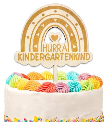 Tortendeko Einschulung, Hurra Kindergartenkind Holz, Regenbogen Tortendeko Kindergarten Start Kita 2025, Erster Kindergartentag Kuchen Deko, Junge Mädchen Kindergartentag Geschenk
