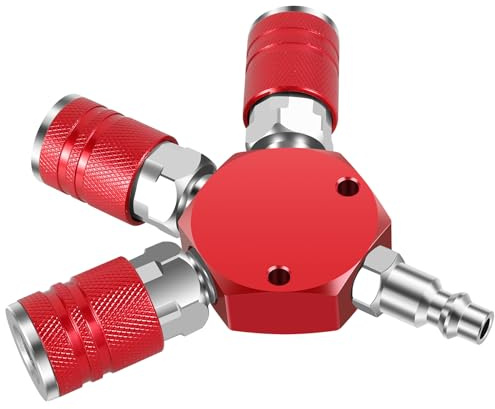 KTZCTPCA 3 Way Air Manifold, Quick Connect 3 Way Air Hose Splitter, Carbon Steel 3 Way Air Hose Connector Hose Splitter, Flat Hex 1/4NPT Air Hose Manifold with 3 Couplers Using (Red)