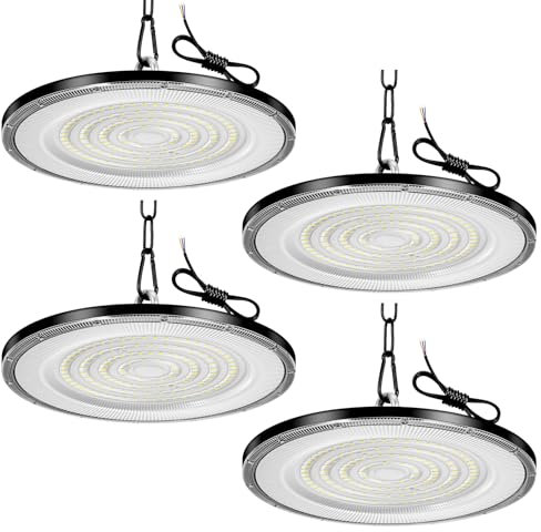 Viugreum 4 Packs UFO LED 200W, Projecteur LED Exterieur 20000LM, Blanc Froid 6500K, AC 85-265V IP65 Étanche Eclairage Atelier, Led Industriel UFO avec Chaîne pour Factory Workshop Gym