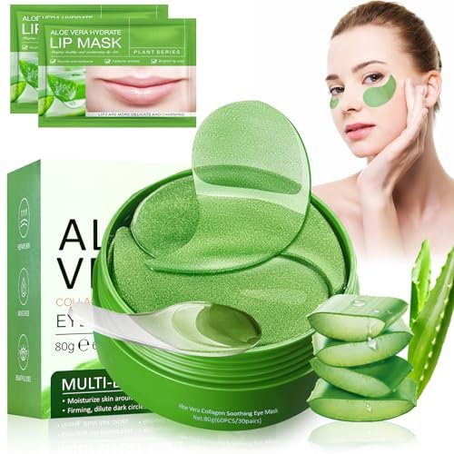 Patch Aloe Vera Yeux 60 PCS, Masque Yeux Anti Cernes, Patch Yeux Collagene et Acide Hyaluronique, Patch Cernes et Poches, Masques Hydratants pour Les Yeux, Anti Rides, Anti Poche